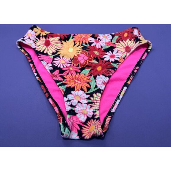 Wild Fable-Women's Ribbed High Waist High Leg Cheeky Bikini Bottom-Black/Pink-XS - Picture 3 of 12